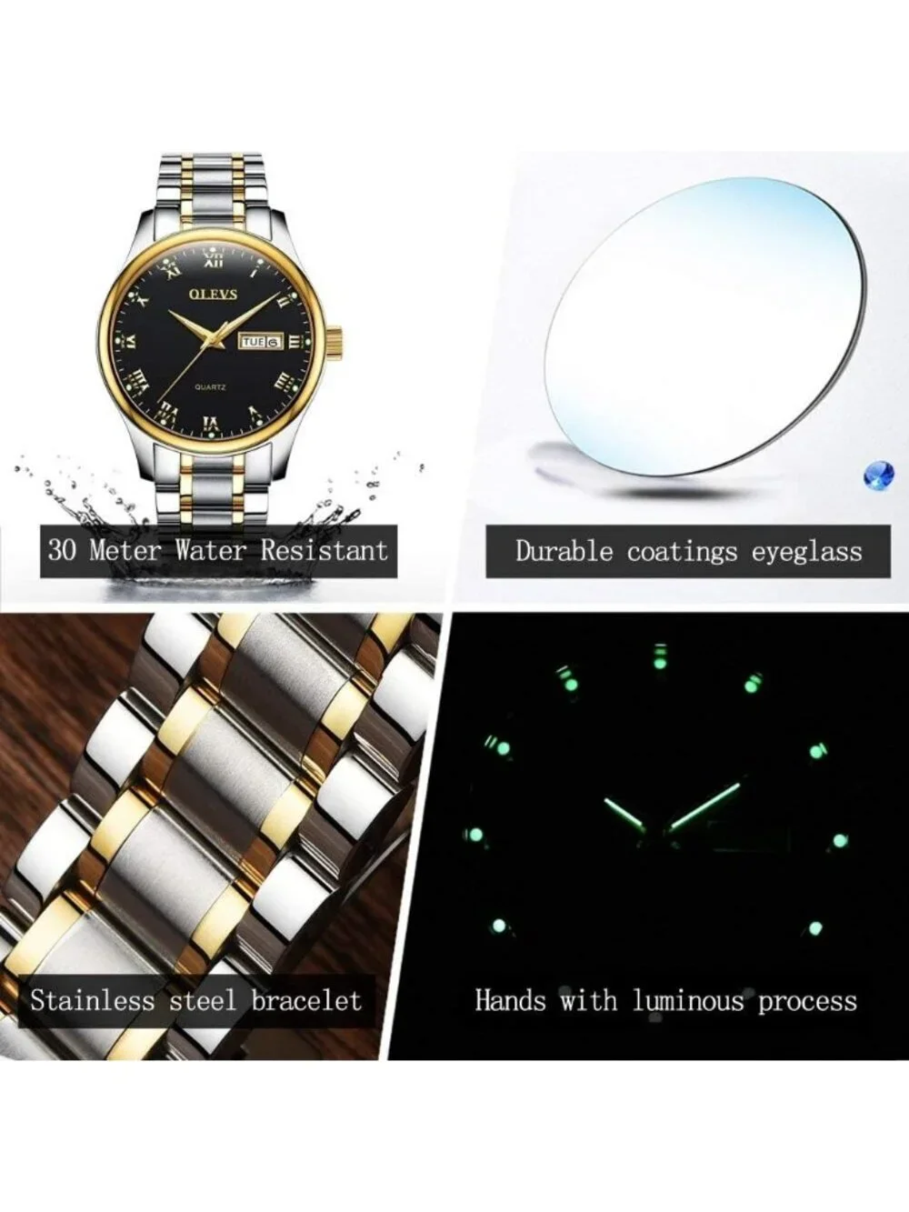 Olevs Men's Silver Stainless Black Face Analog Quartz Waterproof Luminous Watch